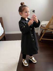 SHEIN 年轻女孩梭织纯色宽松收腰翻领长款休闲风衣