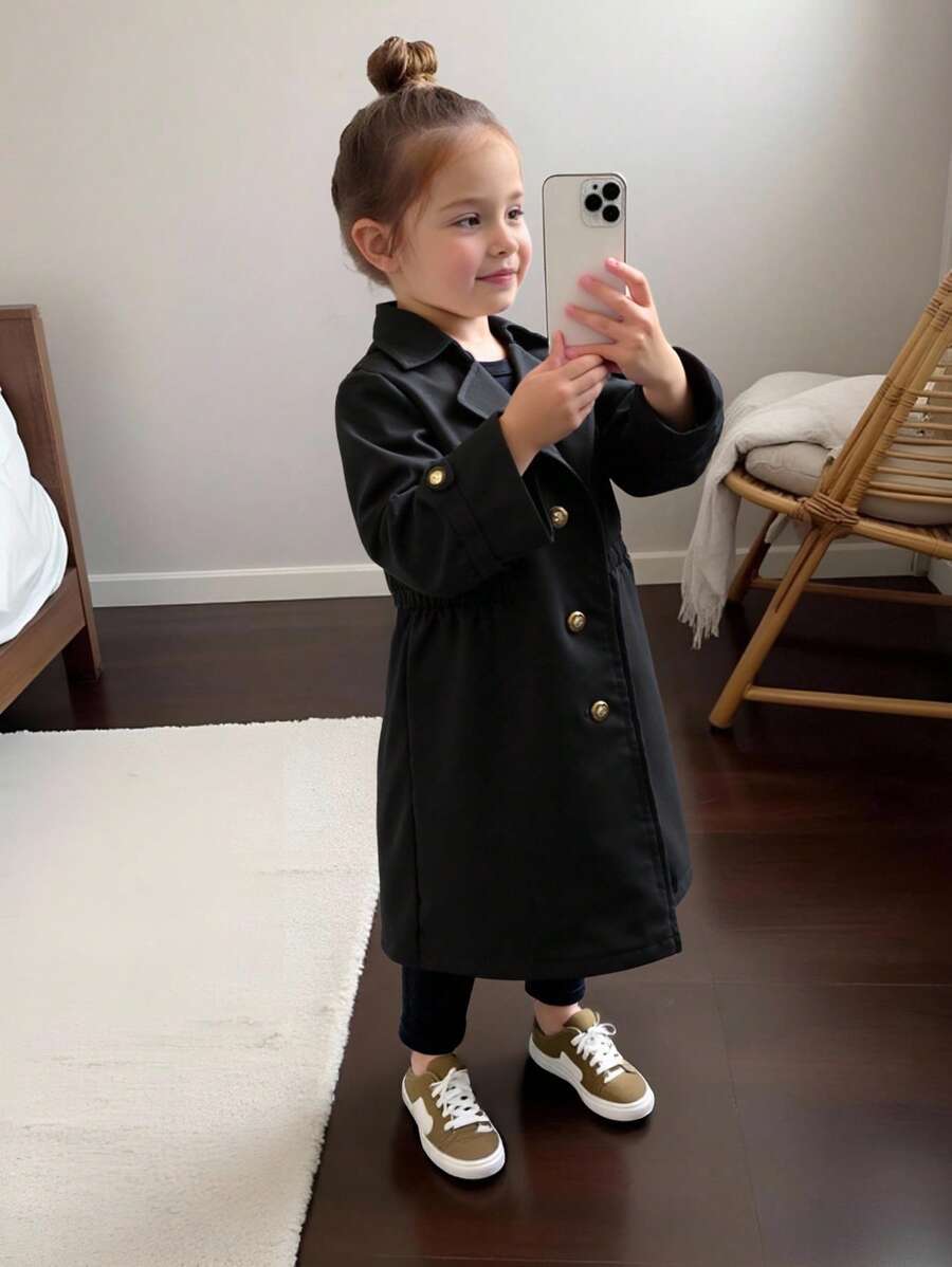 SHEIN 年轻女孩梭织纯色宽松收腰翻领长款休闲风衣