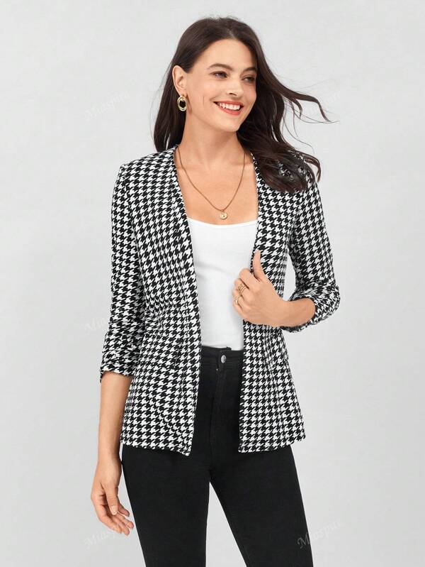 Miaspire Women Commuting Open Front Houndstooth Blazer