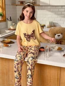 SHEIN 女童蝴蝶印花短袖睡衣套装 - 彩色 - 查看 6