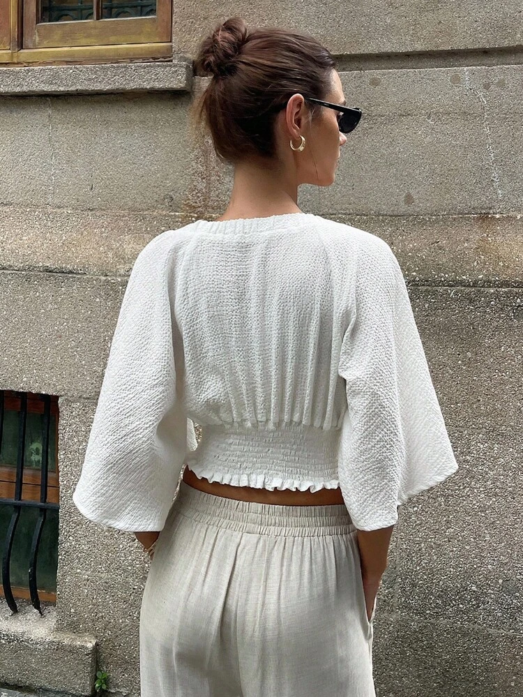 Women's Deep V-Neck Waist Cinched Puff Sleeve Super Cropped Textured Fabric Casual Shirt, Spring & Summer