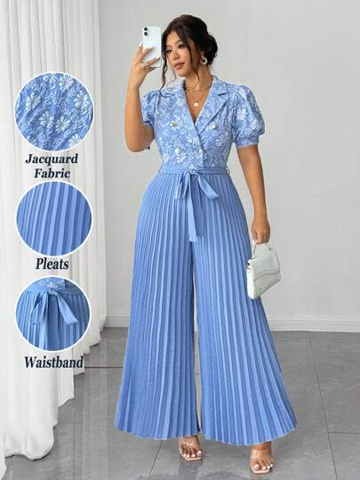 Elenzga Mono elegante de talla grande para mujer con tela de jacquard, mangas abullonadas, cuello entallado, decoración de botones, cremallera en la espalda, cinturón con lazo en la cintura, diseño plisado, versátil para fiestas y reuniones, estilo nuevo 2025