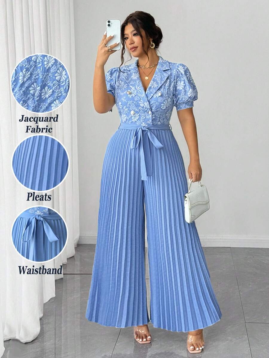 Elenzga 女士加大码优雅提花面料泡泡袖，缺口领，纽扣装饰，后拉链，腰带蝴蝶结，褶皱设计连体裤，适合派对和聚会，2025 年新款 - 藍色 - 查看 1