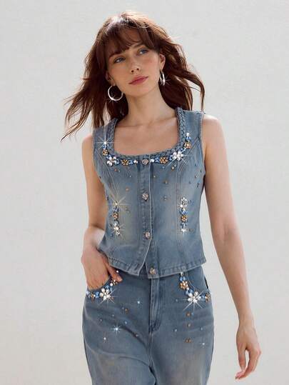 MOTF PREMIUM WOMEN'S HANDMADE WOVEN DENIM JACKET WITH COLORFUL RHINESTONE DECOR, ELEGANT AND CHIC FOR VACATION