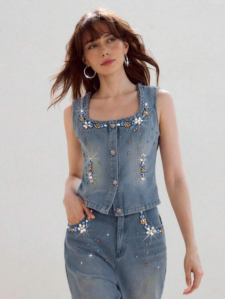 WOMEN'S HANDMADE WOVEN DENIM JACKET WITH COLORFUL RHINESTONE DECOR, ELEGANT AND CHIC FOR VACATION