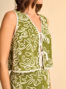 CAJUNI Conjunto de 2 piezas de mujer con cárdigan transparente con textura y estampado floral sin mangas con lazo y pantalones con cordón con flecos, conjunto de verano de 2 piezas para resort - Multicolor - Ver 5