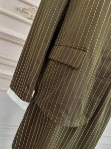 SHEIN MOD 2pcs Women Striped Long Sleeve Jacket & Midi Skirt Casual Suit Set Blazer Skirt Set Women Suit Set Skirt Suits For Women - Brown - View 3