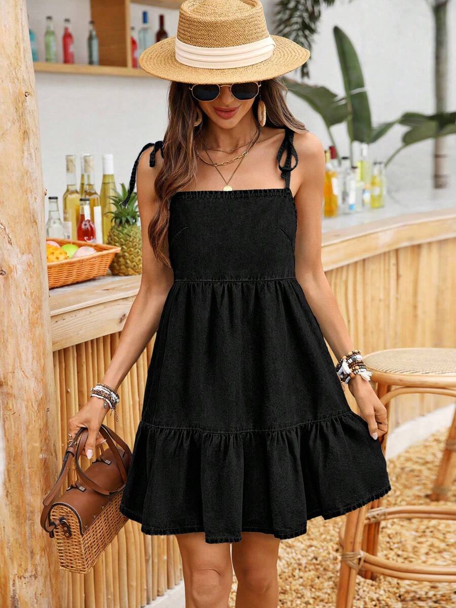 Breezaya Women's Casual Denim Ruffled Hem Strap Mini Dress For Vacation - Dark Grey - View 1