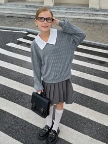 SHEIN 2 件套青少年女孩休闲二合一运动衫上衣 + 灰色百褶裙套装，适合秋季通勤/日常穿着秋冬 - 灰色 - 查看 5