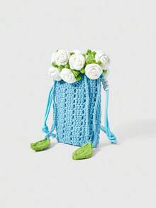 ROMWE Fairycore Fashion Contrast Color Rose Knit Tote Shoulder Bag - Blue - View 6