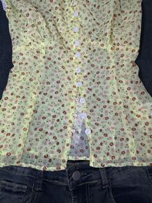 女式夏季度假风格碎花V领撞色蕾丝蝙蝠袖紧身胸衣T恤 - 芥末黃 - 查看 3