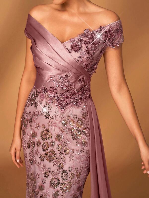 Serin Elegant Luxury One Shoulder Dress With Embroidered Sequins, Lace Patchwork And Satin Ruffles, Fish Tail Hem, Side Drape Design, Suitable For Wedding, Party, Vacation, Prom, Evening Gown