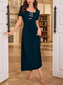 优雅撞色蝴蝶结装饰女士睡衣裙 - 水鴨藍 - 查看 3