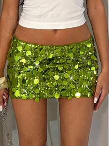 Glamine Women's Low Waist Shiny Sequin Bodycon Mini Skirt, Sexy Sequin Skirt Sequin Skirt Women Shorts - Green - View 4