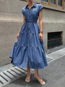 DAZY 女式休闲水洗前扣牛仔连衣裙 - 藍色 - 查看 2