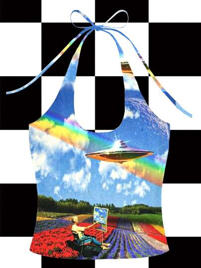 Y2Kool Dynamodoh Women's Summer Rainbow Spaceship Print Casual Halter Neck Tank Top Crop Top Graphic Tees Women Crop Halter Crop Top Ufo Crop Top Rainbow Crop Top