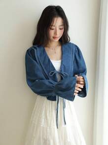 SHEIN EZwear 女士秋季领带长袖牛仔夹克，荷叶边开衫夹克，韩版风格，返校节礼服，女士秋季服装，复古风格女士 - 中等水洗藍 - 查看 7