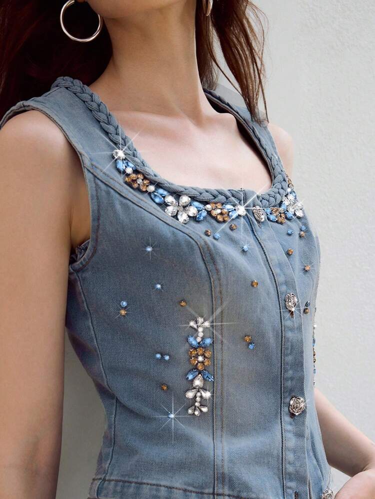 WOMEN'S HANDMADE WOVEN DENIM JACKET WITH COLORFUL RHINESTONE DECOR, ELEGANT AND CHIC FOR VACATION