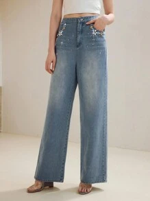 MOTF PREMIUM 女士蓝色水洗水钻度假牛仔裤 - 藍色 - 查看 4