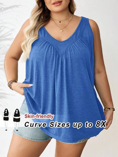 SHEIN CURVE+ Plus Size Women's Casual Everyday Commute Simple Solid V-Neck Loose Tank Top, Summer