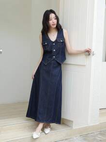 SHEIN Unity Chân váy denim trơn dáng thẳng màu tối màu dùng hàng ngày cho nữ Chân váy denim dài màu xanh đậm Chân váy jean dài - Rửa tối - Xem 2