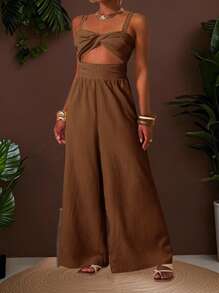 Slaydiva Quần dài ống rộng nữ chất liệu vải dệt họa tiết, kiểu dáng mới cho mùa xuân hè, thích hợp cho kỳ nghỉ, đám cưới, lễ hội âm nhạc, tiệc tùng, dạo phố, nghỉ mát biển, phong cách Bohemian. - Màu nâu Sô-cô-la - Xem 6