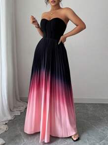 Elenzga 大码女式优雅渐变色褶皱抹胸连衣裙 - 彩色 - 查看 4