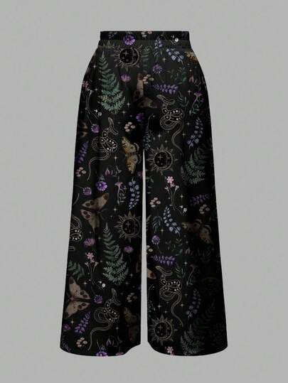 Goth Gothic Dark Mysterious Witch Moth Leaf Plant Butterfly Snake Sun Moon Star Plus Size Loose Wide Leg Allover Print Pants