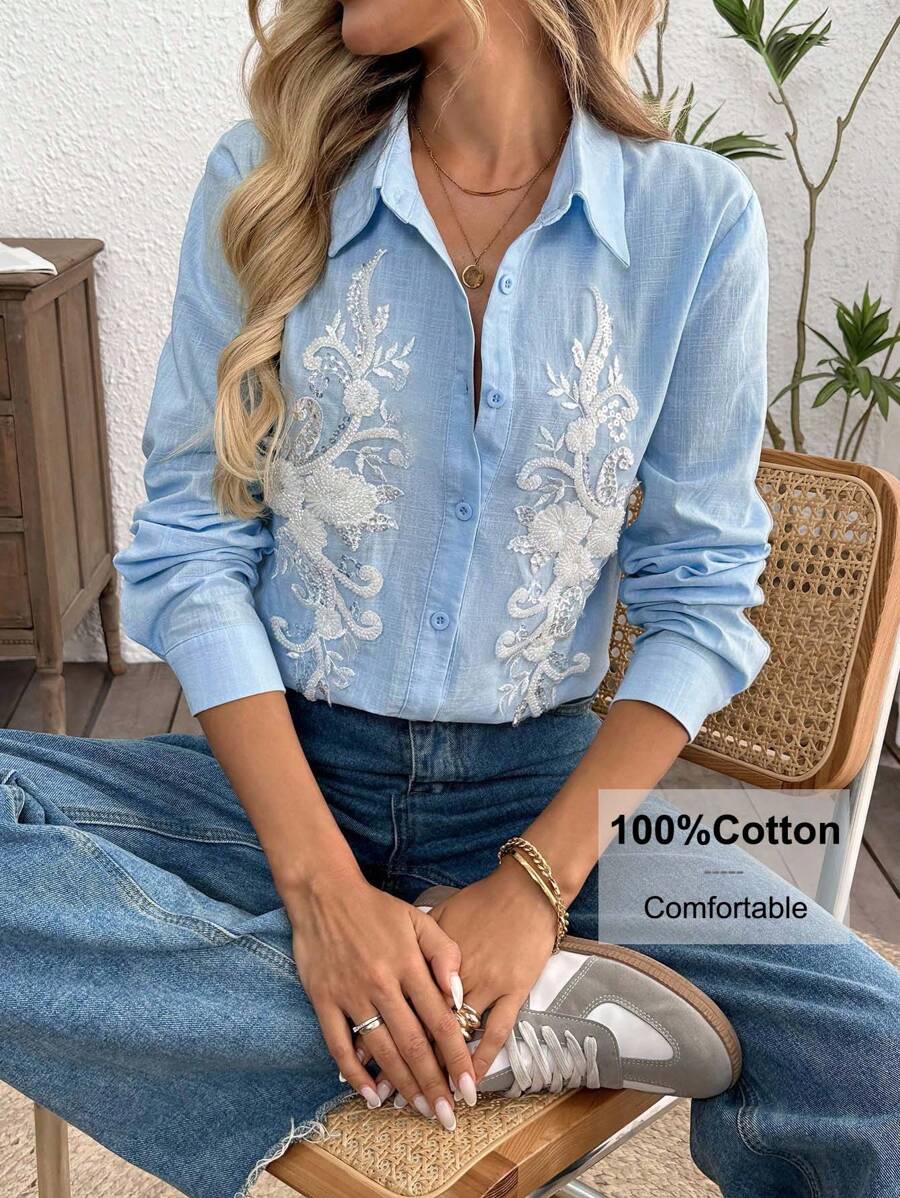 SHEIN LUNE 浅蓝色长袖女式休闲衬衫，前襟饰有蕾丝花饰 - 淺藍色 - 查看 1