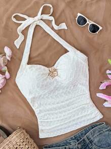 SHEIN 少女奶油色针织提花吊带背心，适合夏季休闲和度假