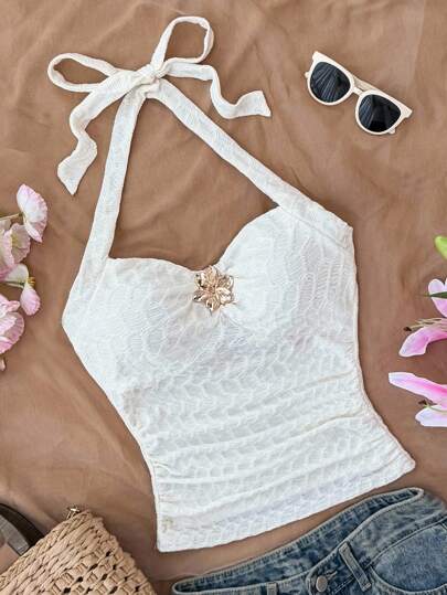 SHEIN Teenager Mädchen Creme farbiges Strick-Jacquard Trägertop, geeignet für lässige Sommer- und Urlaubsmode