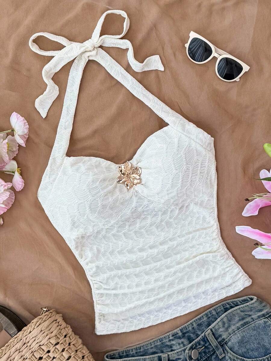 SHEIN 少女奶油色针织提花吊带背心，适合夏季休闲和度假