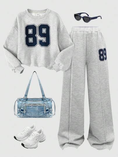 SHEIN Girlism Tween Girls Casual College Street Style Letter & Numeral Graphics Print Crew Neck Pullover Hoodie And High Waist Wide Leg Straight Jersey Pants Set, Gray Back To School Outfit Tween Outfit Set Grey Girl Outfit Outfit Set Gray Sweatpants Outfit Girls Sweatsuit Fall Winter