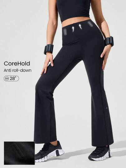 GLOWMODE Mallas con control de barriga sin costura frontal, ajuste sin deslizamientos, detalles de ballenas y bolsillos laterales, de 28 pulgadas, para entrenamiento, jogging y gimnasio con impacto medio