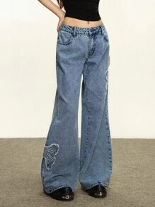 Rina Fox Låg midja, löst utsvängda stretchjeans för kvinnor - Ljustvätt - Visa 4