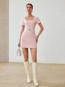 MOTF PREMIUM TWEED FAUX PEARL BEADED SQUARE NECK DRESS WITHOUT BELT