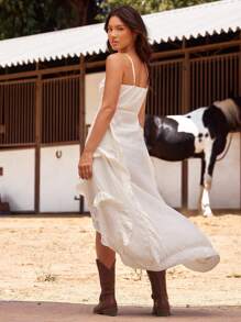 WESTFADE Crepe V Neck Lace Up Front Tiered Ruffle Flyaway Maxi Top Summer Beach Vacation Top - Beige - View 5