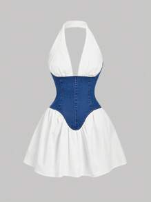 SHEIN MOD فستان جينز ذو فتحة خلفية للنساء بياقة أفقي متعدد الألوان - الأزرق - مشاهدة 1