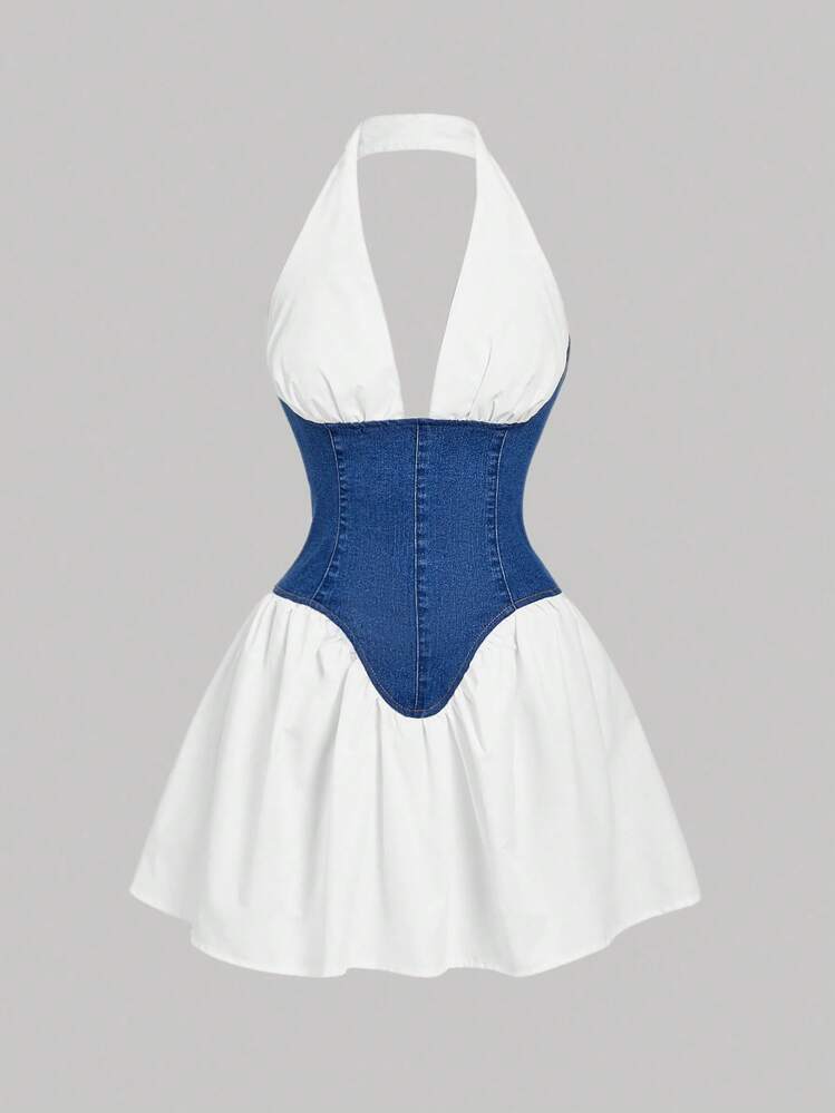 SHEIN MOD Robe en jean avec ras-du-cou et dos nu, style blocs de couleurs pour femmes