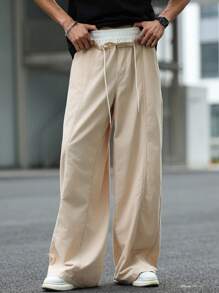 Manfinity Roghcode Men's Apricot Relaxed Elastic Waist Loose Wide Leg Pants Men Baggy Wide Pants Men Loose Straight Leg Casual Pants - Apricot - View 1