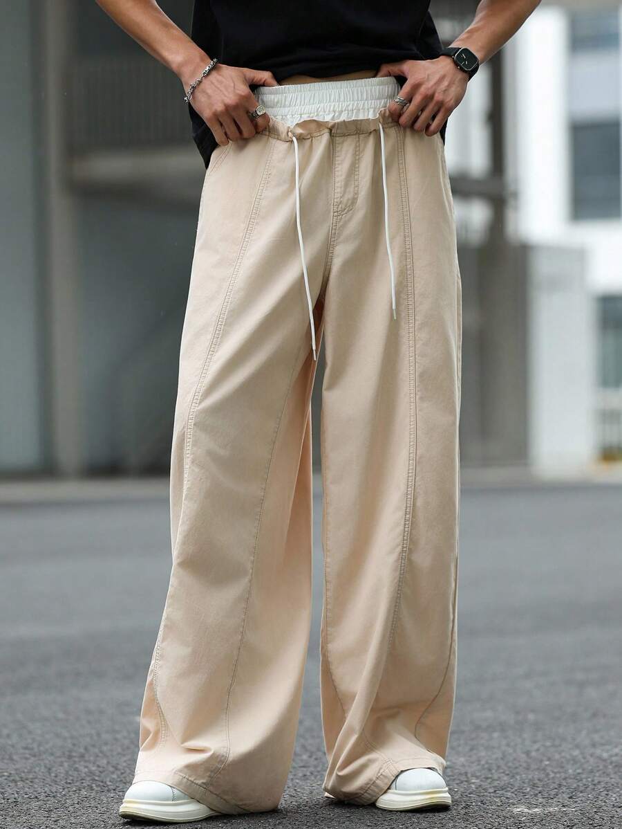 Manfinity Roghcode Men's Apricot Relaxed Elastic Waist Loose Wide Leg Pants Men Baggy Wide Pants Men Loose Straight Leg Casual Pants - Apricot - View 1
