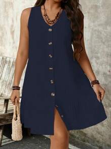 SHEIN PETITE Große Größen Ärmelloses Kleid mit V-Ausschnitt aus strukturiertem Stoff