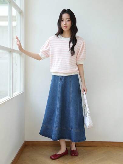 K-Vae Women's Denim Blue Commuter A-Line Denim Skirt,Korean Style Fall Women Clothes,Teacher Outfits For Women,Back To School,Denim For Women,Teacher Outfits For Women