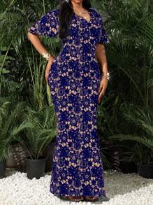 SHEIN Lady 大码女式纯色圆领灯笼袖长款优雅连衣裙优雅优雅针织圆领飘逸长袖大码连衣裙化妆舞会礼服蓝色连衣裙正式礼服情人节新年派对礼服