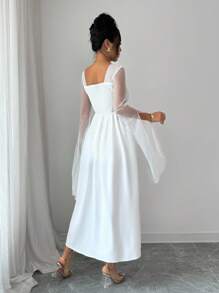 Rafferiza Elegant Summer Mesh & Sequin Splice White Dress White Dress With Sheer Sleeves - White - View 2