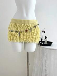 SHEIN Unity 女式时尚流苏针织A字裙黄色 - 黃色 - 查看 1