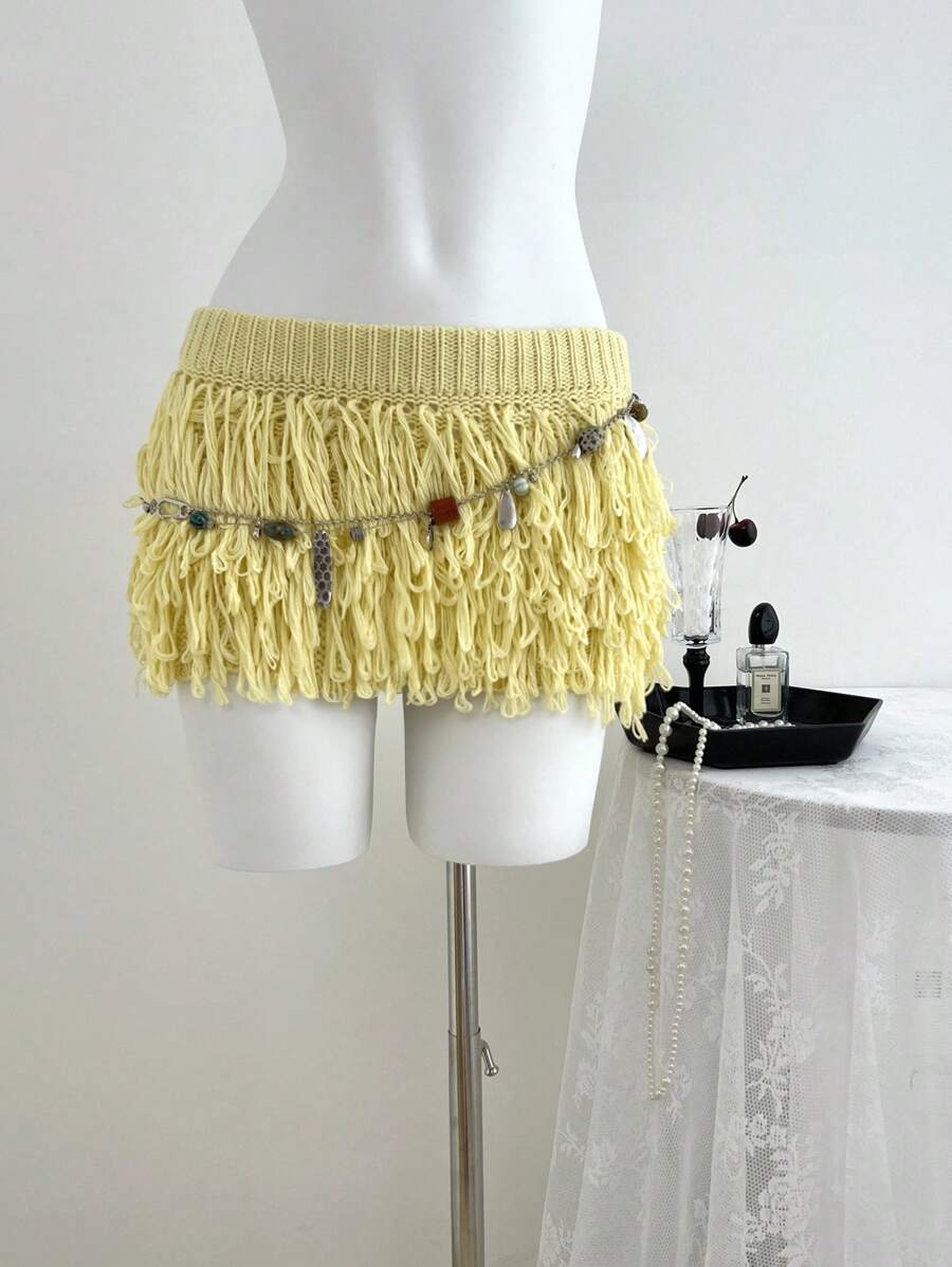 SHEIN Unity 女式时尚流苏针织A字裙黄色 - 黃色 - 查看 1