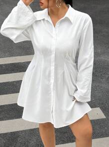 SHEIN EZwear Plus Size Casual White Button-Front Shirt Dress,Adjustable Sleeves,Fall,Winter,Work,Teacher,Business,Office,School,Going Out,Back To School