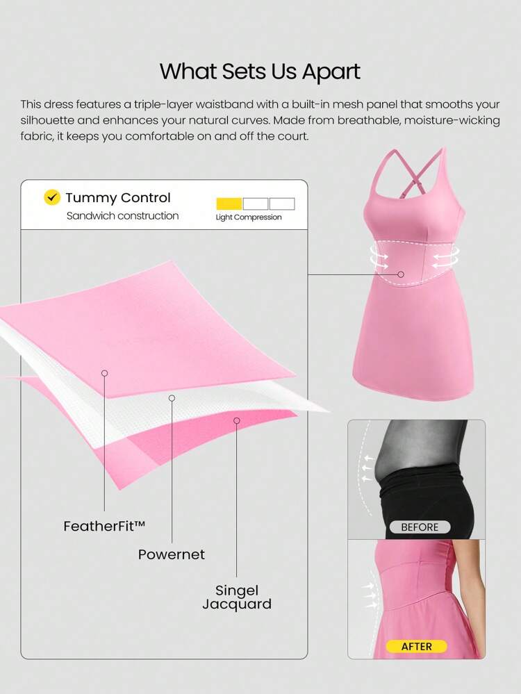 Quick-Dry Sweat-Wicking Built-In Cups Square-Neck Dress With Built-In Shorts Side Pockets Non-Slip Grips Tennis Golf Gym Daily Casual