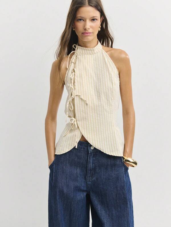 Nöista Summer Chinese Style Neckline Linen Stripes Sleeveless Bows Detail Featuring Linen Stripes And Bow Details!